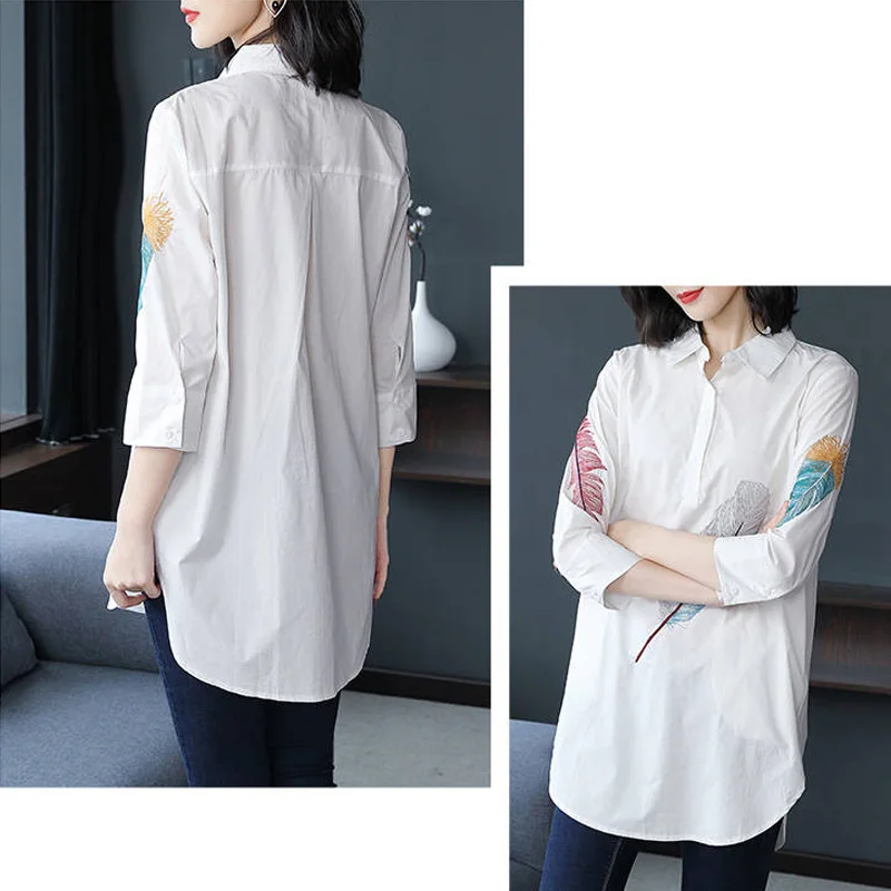 100% хлопок размера плюс белая длинная блузка с 3/4 рукавом свободные белые блузки и