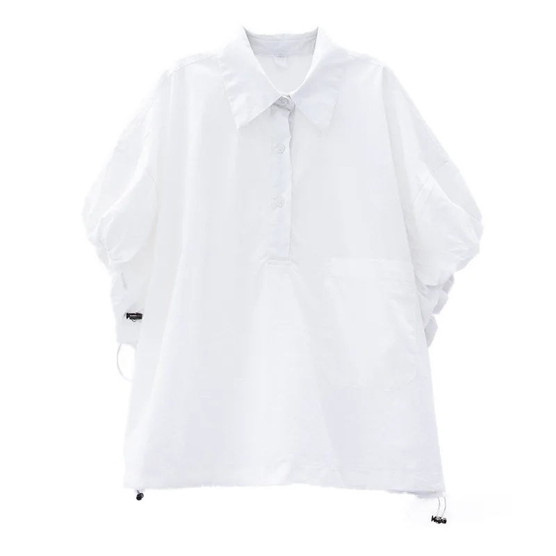 

GVUW Female Drawstring Cuffs Blouse Round Neck Long Sleeve Loose Lady Shirt Fashion Tide Spring summer 2021 New Arrivals