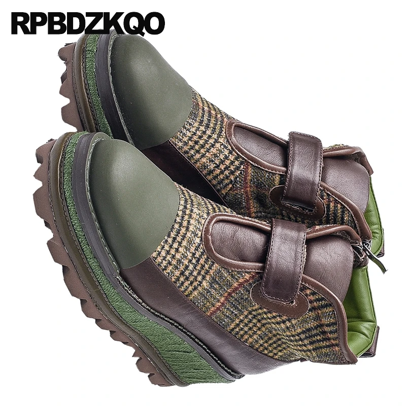 Женские дизайнерские ботинки на платформе клетчатые из натуральной кожи высоком