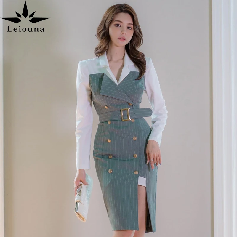 

Женское двубортное платье Leiouna, весеннее облегающее платье в полоску с отложным воротником и поясом в Корейском стиле