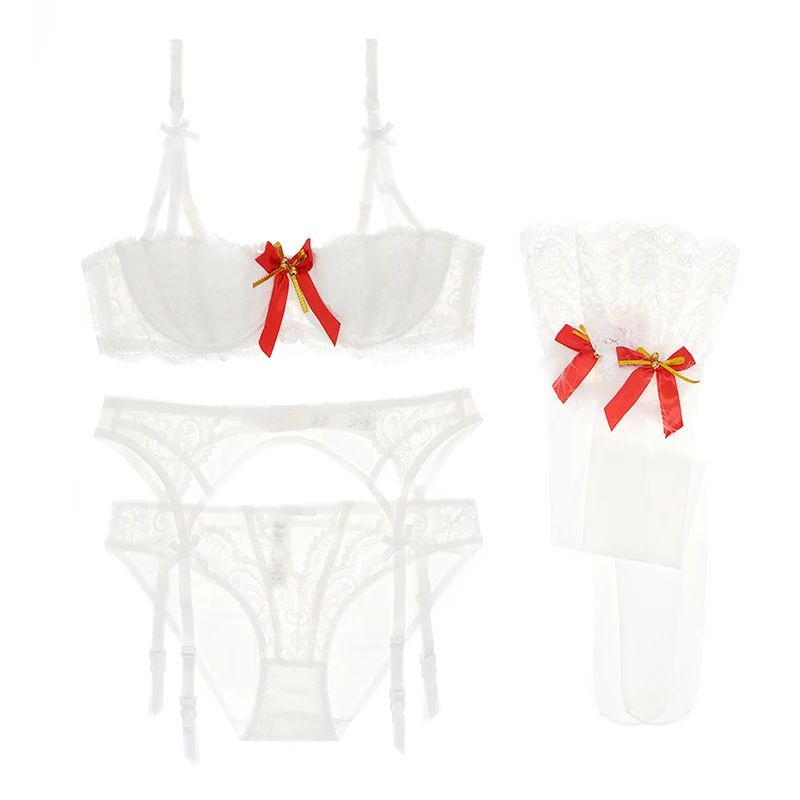 Varsbaby sexy christmas style half cup underwear push up bra set 4 pcs bras+panties+garters+stockings