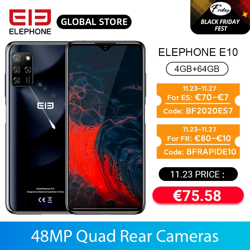 ELEPHONE E10 смартфон MT6762D Octa Core 6 5 &quotHD + 4000 мА/ч 4 Гб 64 быстрой зарядки андроид 10 NFC сбоку