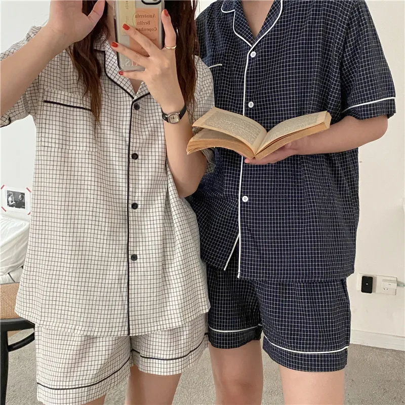 

Пижамный комплект мужской, модная одежда для сна, костюм в клетку с коротким рукавом для пар, Повседневная Пижама из двух предметов, эластич...