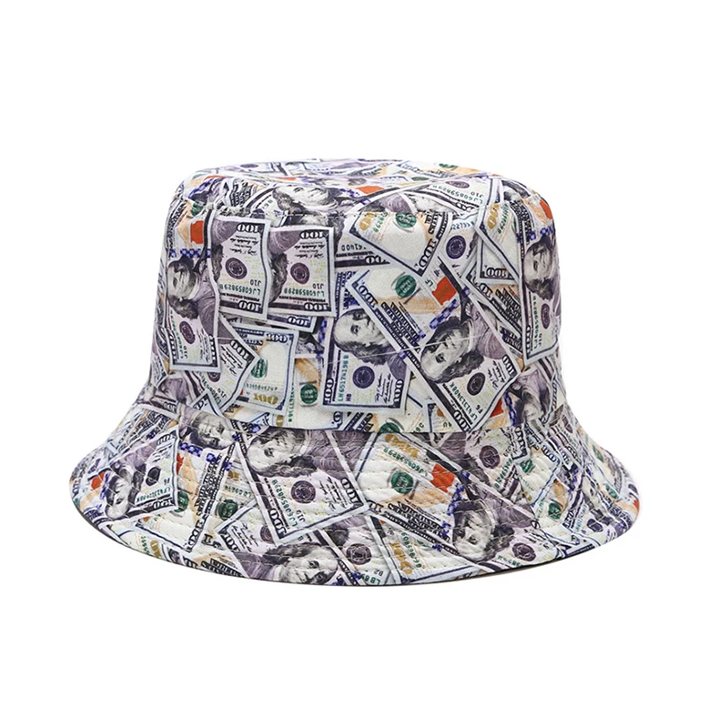 

2020 New Dollar Print Reversible Bucket Hat Bob Chapeau Femme Fisherman Hat Men Fishing Bucket Hats Outdoor Casquette