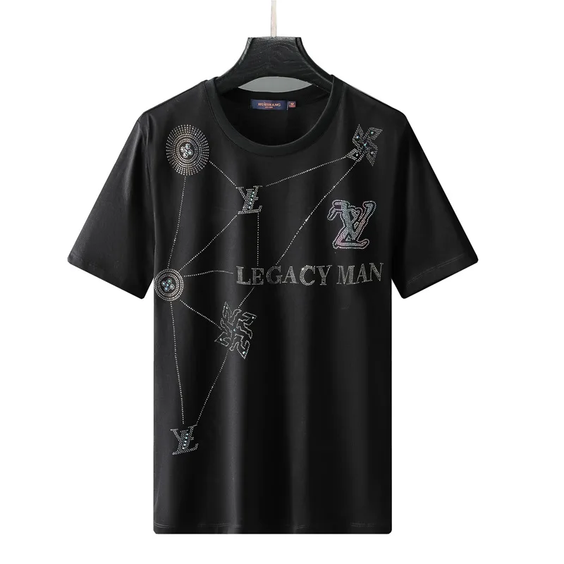 

2021 Rhinestones Letter Mens T Shirt Casual Streetwear Mercerized Cotton Slim O Neck Short Sleeve Man Tshirt Camiseta Masculina