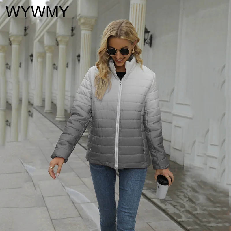 WYWMY Winter Coat Woman Down Jacket Female Cotton Padded Jacket Printed Long Sleeve Pocket Zipper Stand Collar New Women's Coats