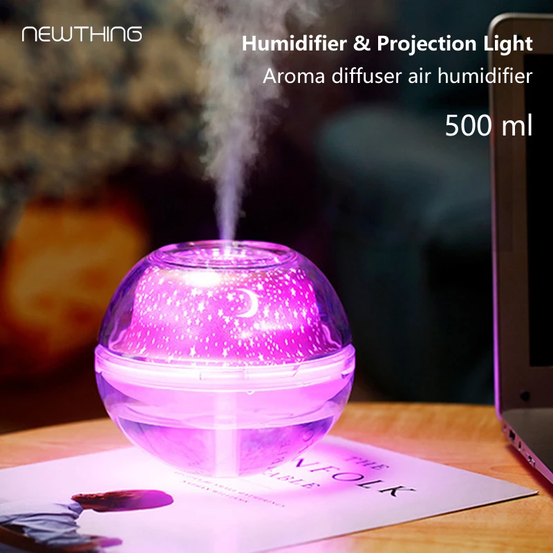 

500ml Aroma Humidifiers Mini Portable USB Mute Humidistat Home Air Purification Colorful Projection Light Cool Mist Humidifier