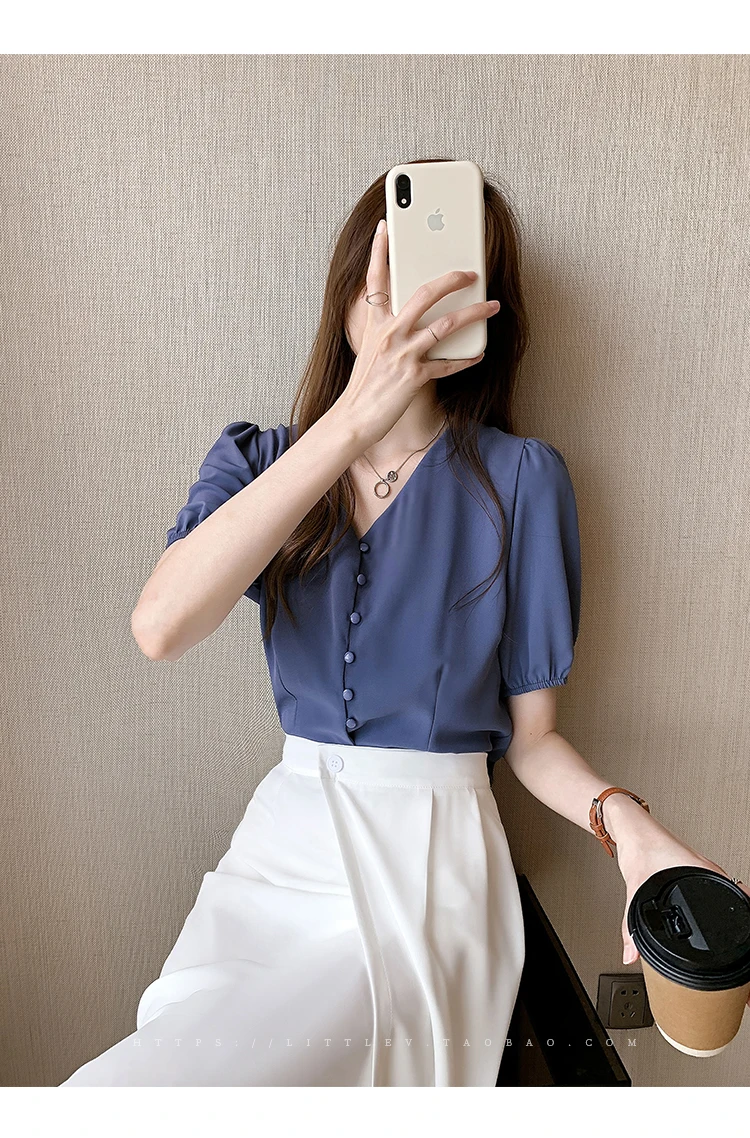 

New Short Sleeve Blouse V-neck Chiffon Solid Color High-end Fashion Top Comfortable Blouses Casual Summer Shirt Houthion