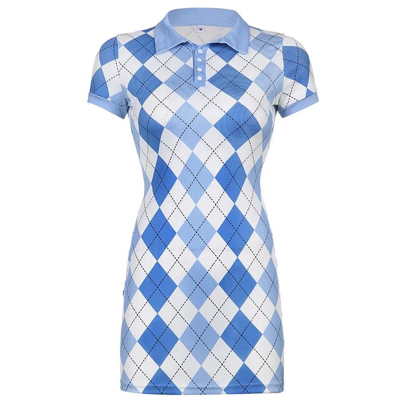 

2021 Summer Women's New Fashion Diamond Lattice Lapel Short-sleeved Hip Dress with Waist and Thin Tight-fitting Skirt