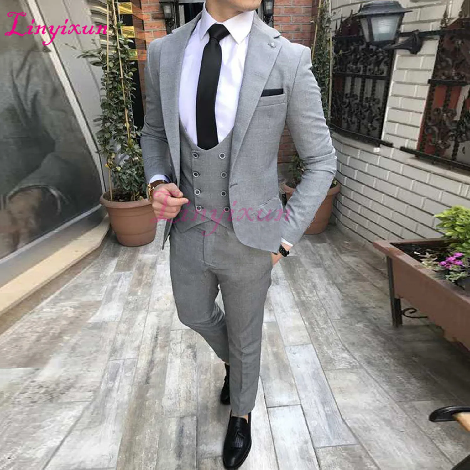 

Gray Men Slim Fit Suits For Groom Tuxedos 3 Piece Jacket Pants Vest Formal Business Wedding Evening Party Man Suit Tailor Made