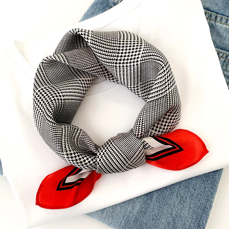 

Women Natural Silk Square Scarf Houndstooth Hairband Office Lady Elegant Neckwear Female Handbag Decoration Gift 53x53cm