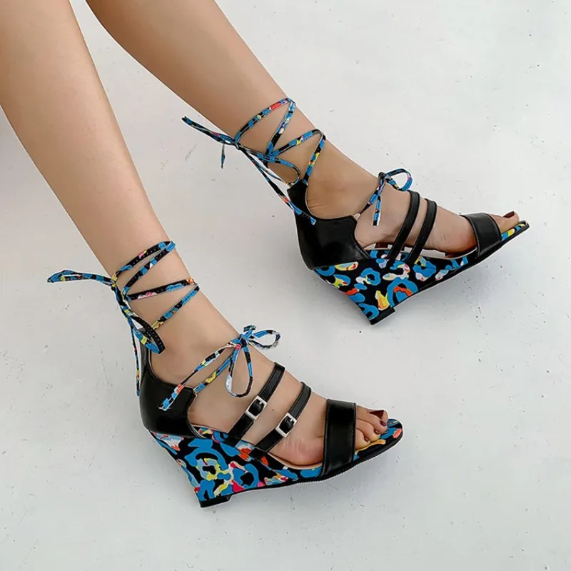 

Ochanmeb Bohemia Beach style print flower floral sandals woman wedges high heels strappy gladiator sandals shoes Roman style 43