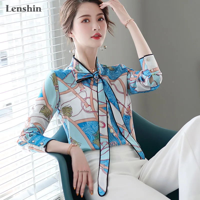 Блузка Lenshin с геометрическим принтом дышащая мягкая блузка галстуком бабочкой