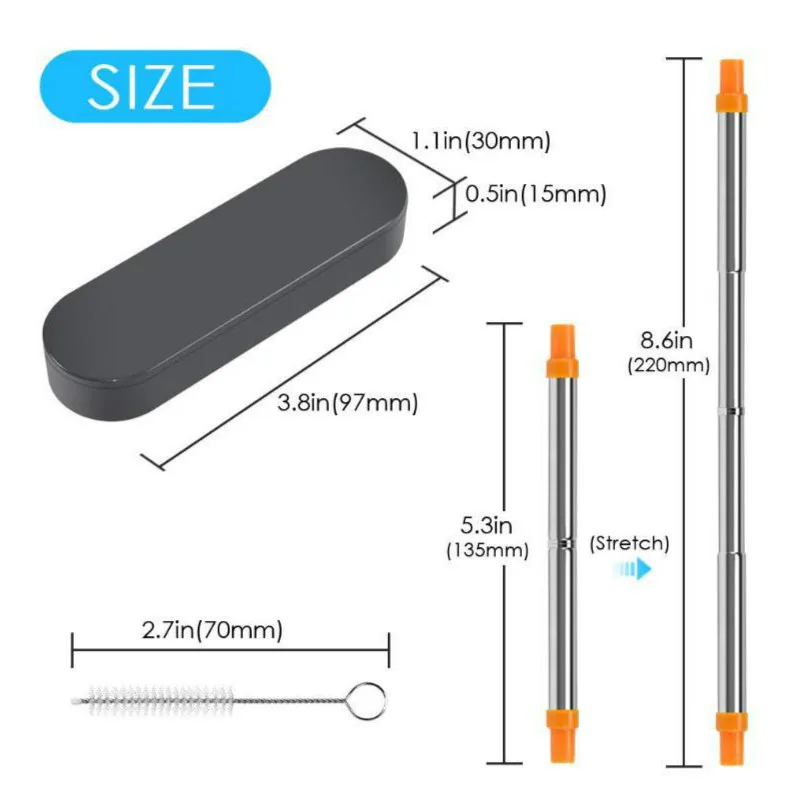 Многоразовые трубочки телескопические металлические дорожные соломинки из