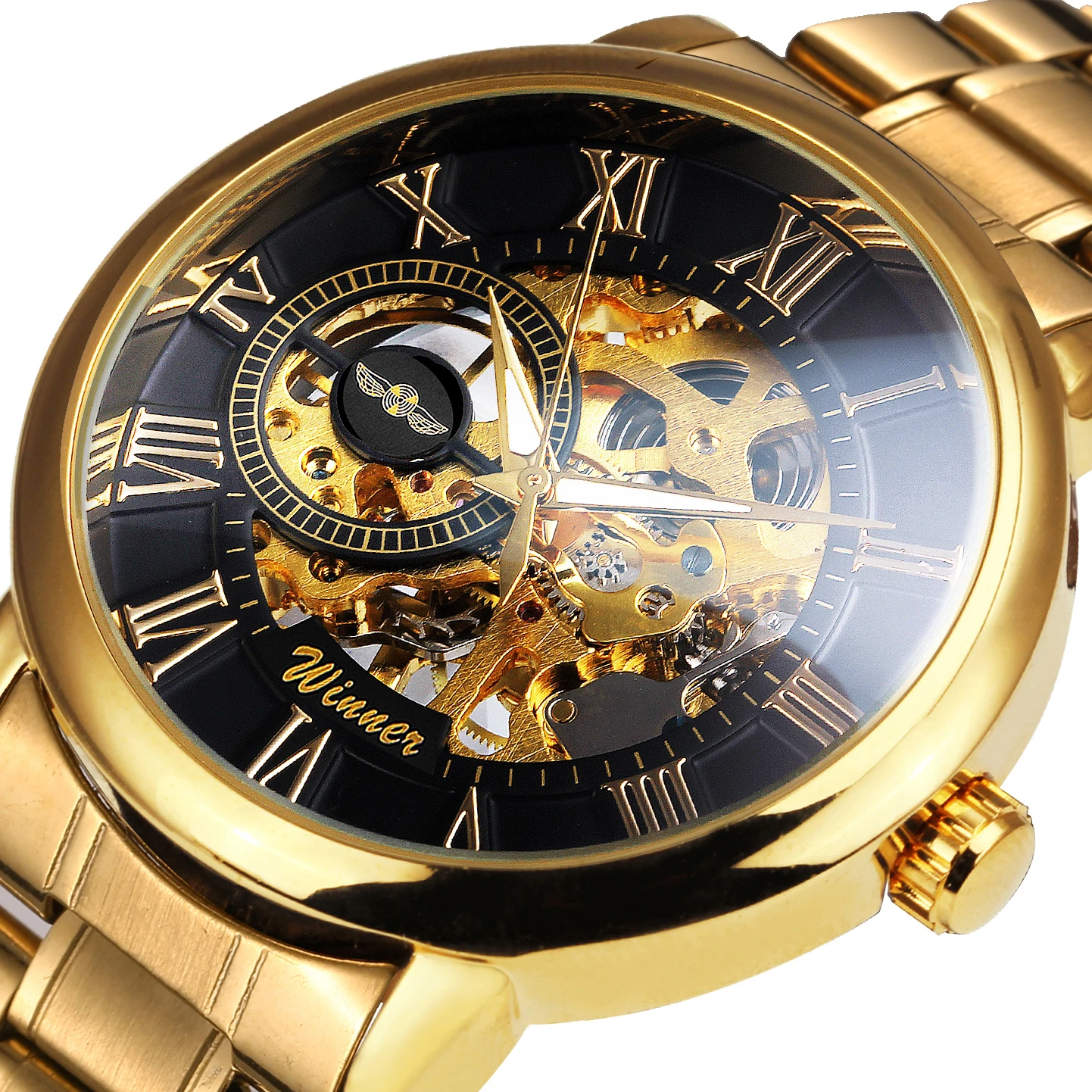 Часы наручные WINNER Мужские механические брендовые Роскошные модные золотистые с