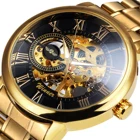 Часы наручные WINNER Мужские механические, брендовые Роскошные модные золотистые с римскими цифрами и скелетом, с браслетом из нержавеющей стали