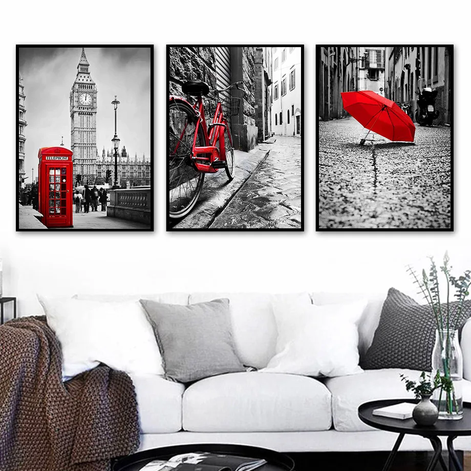 

Big Ben Phone Booth Umbrella Bicycle Sky Wall Art Canvas Painting Nordic Posters And Prints Wall Pictures For Living Room Decor