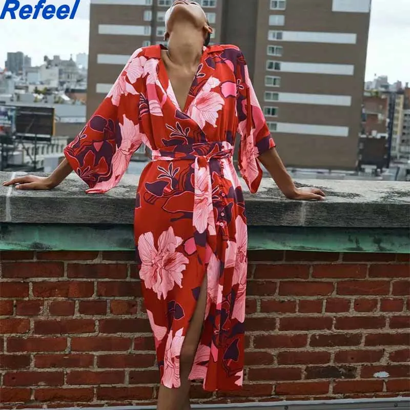 

Женское винтажное платье с цветочным принтом, разноцветное длинное платье в стиле бохо с V-образным вырезом и разрезом, праздничное летнее п...