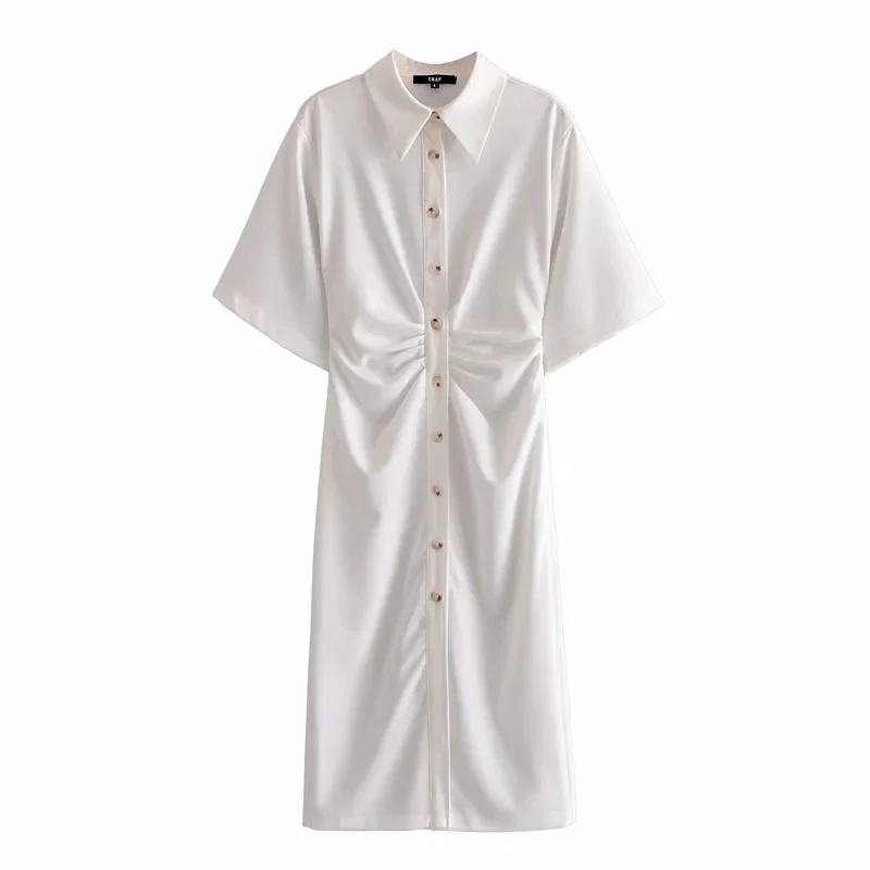 

Women Chic Fashion Button-up Draped Midi Shirt Dress Vintage Short Sleeve Side Zipper Female Dresses Vestidos