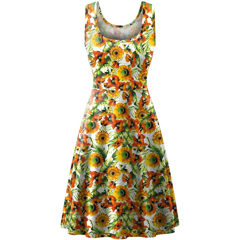 

New 2021 Women Summer Casual Sleeveless Beach Midi Flared Floral A-Line Tank Sun Dress