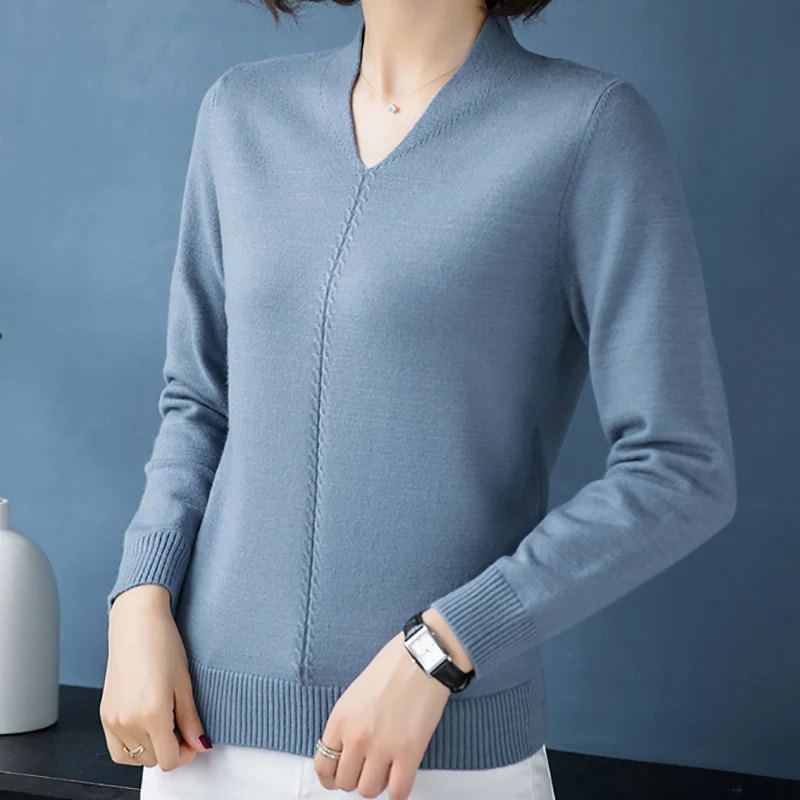 Женский трикотажный свитер с V-образным вырезом и длинным рукавом | Женская