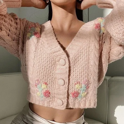 

Женский трикотажный кардиган с V-образным вырезом и рукавами-фонариками