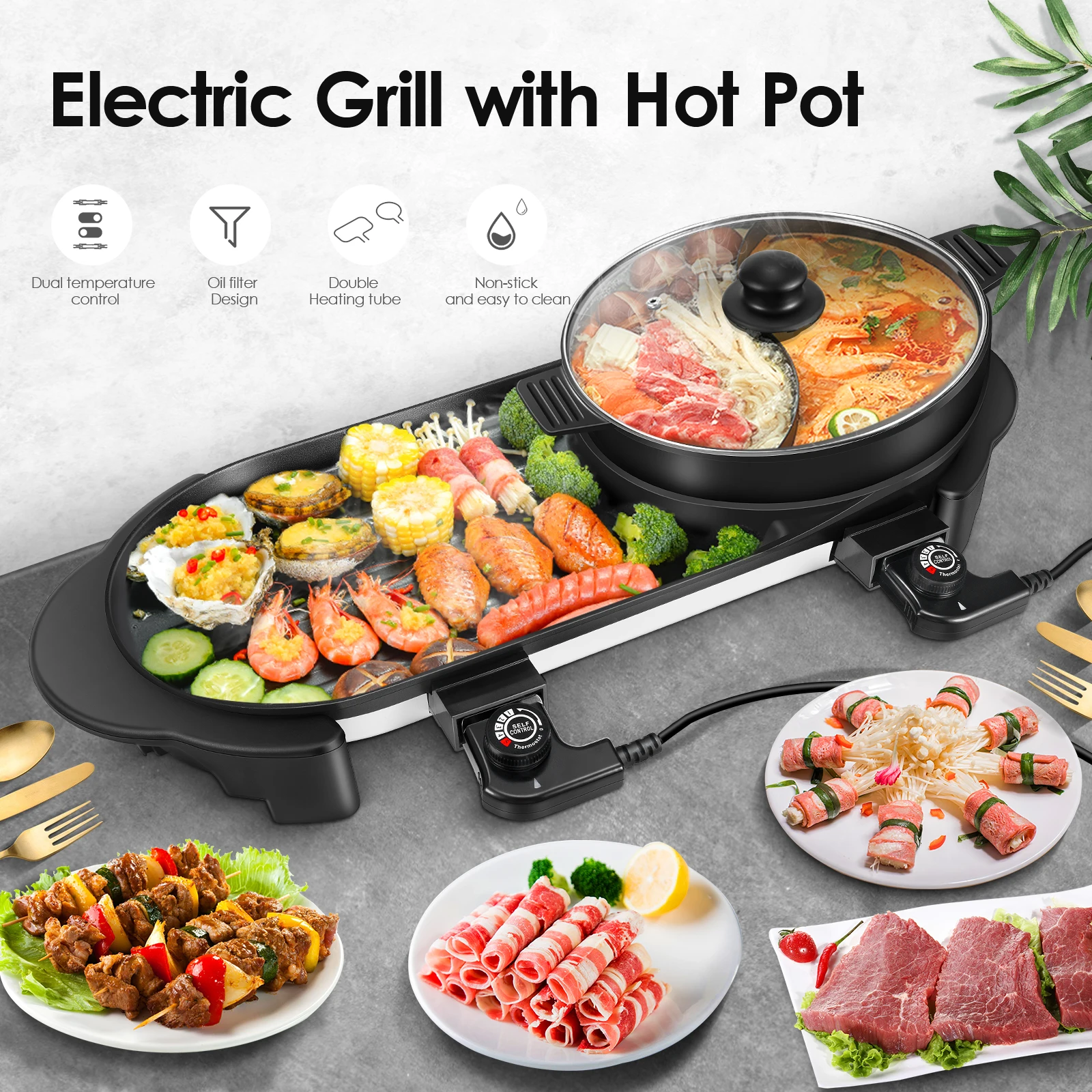 

VOGVIGO Portable Electric Grill Electric BBQ Grill Indoor Hot Pot Chafing Dish Large Capacity With 5 Temperature Adjustments