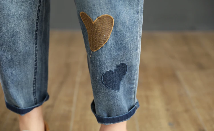 

2021 Spring Fall Retro Casual Ethnic Style Love Embroidered Jeans Loose Slimming Cropped Harem Pants Fashion Simple Denim Pants