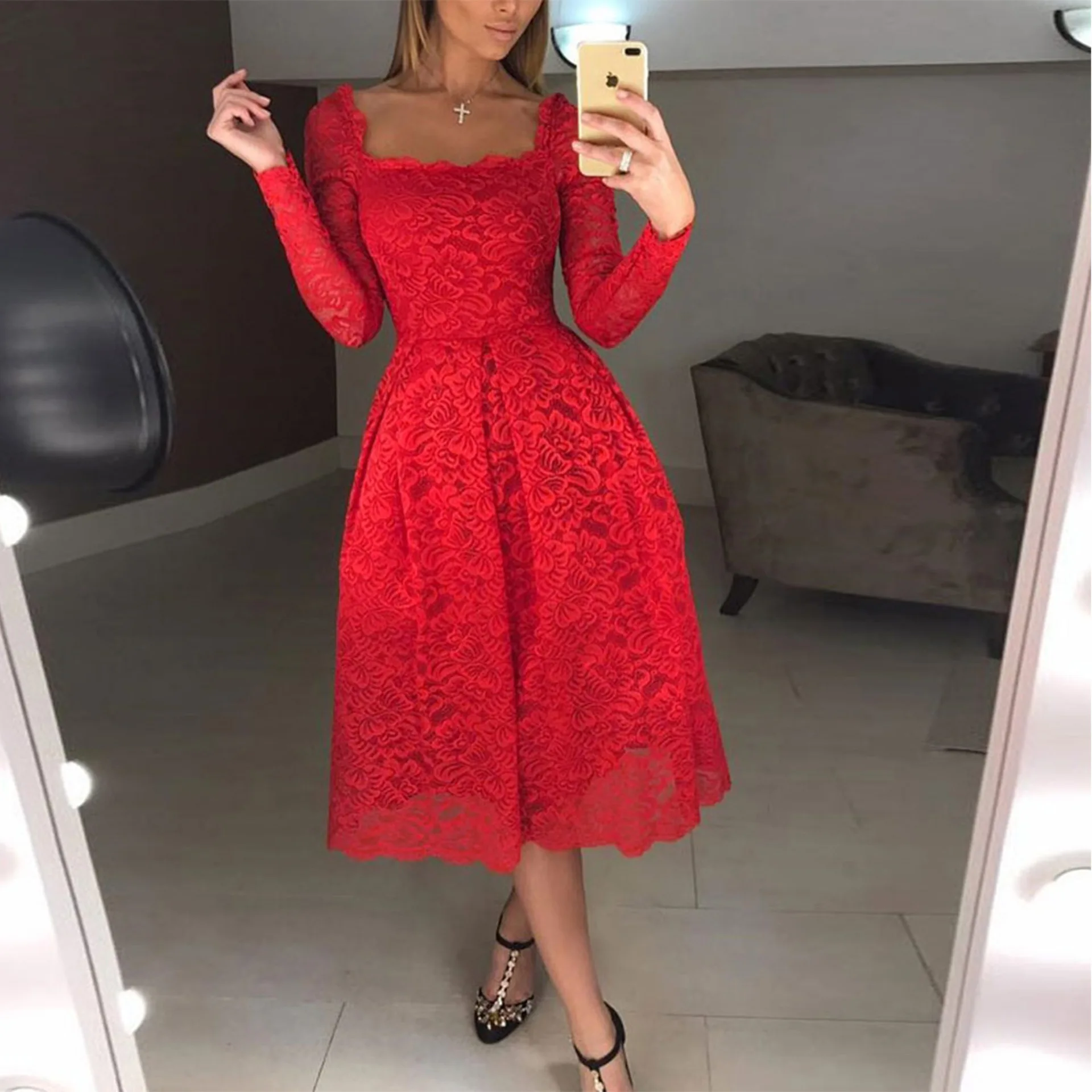 

SKMY A-Line Dress 2021 Autumn And Winter New Women Clothing Long Sleeve Square Collar Slim Red Evening Party Midi Dress Clubwear