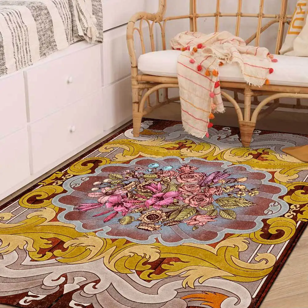 

Classical Flower Print Non-Slip Floor Mat European Style Bedroom Bedside Area Rugs Living Room Sofa Table Hallway Bath Carpets
