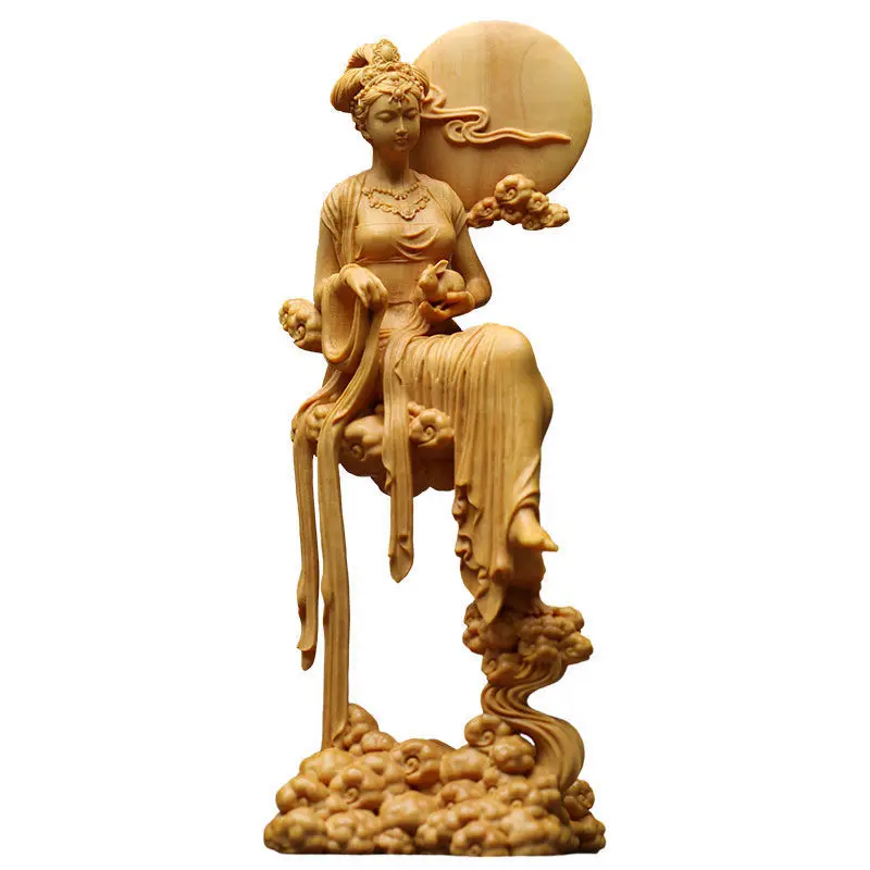 

Solid Wood Chang'e Fairy Statue Hand-carved Home Decor Crafts Upscale Fine Carving Statue 18cm Car Decoration Accessories D47