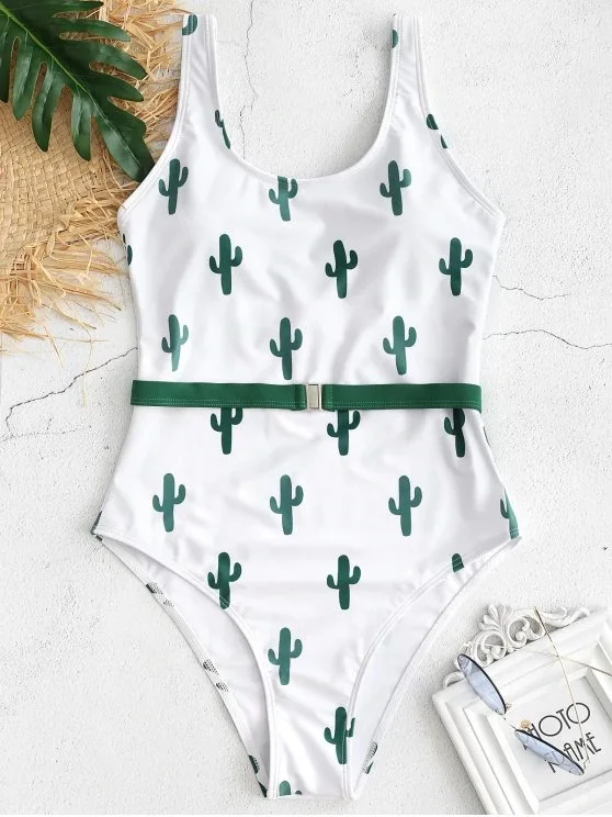 

2019 Sexy Swimsuit Cactus Print Bikini One Piece Belt Swimwear Women
