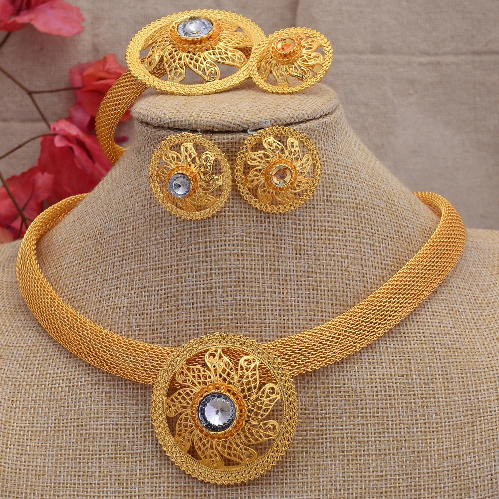 

24K Nigeria Dubai Gold Color African Bridal Wedding Jewelry Set For Women Bracelet Necklace Earrings Ring Jewelry Set