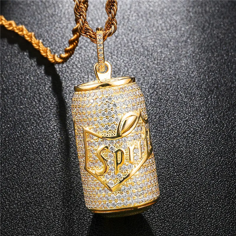 Bling Ice Out Sprite кулон микро проложить AAA CZ камень хип-хоп Золото Цвет банок ожерелье