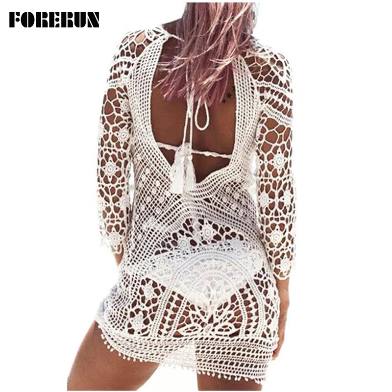 

FORERUN 2021 Lace Dress Women Summer Beach Dress Vestido Sexy Backless Dresses Hollow Out Flower White Mini Robe Tunic