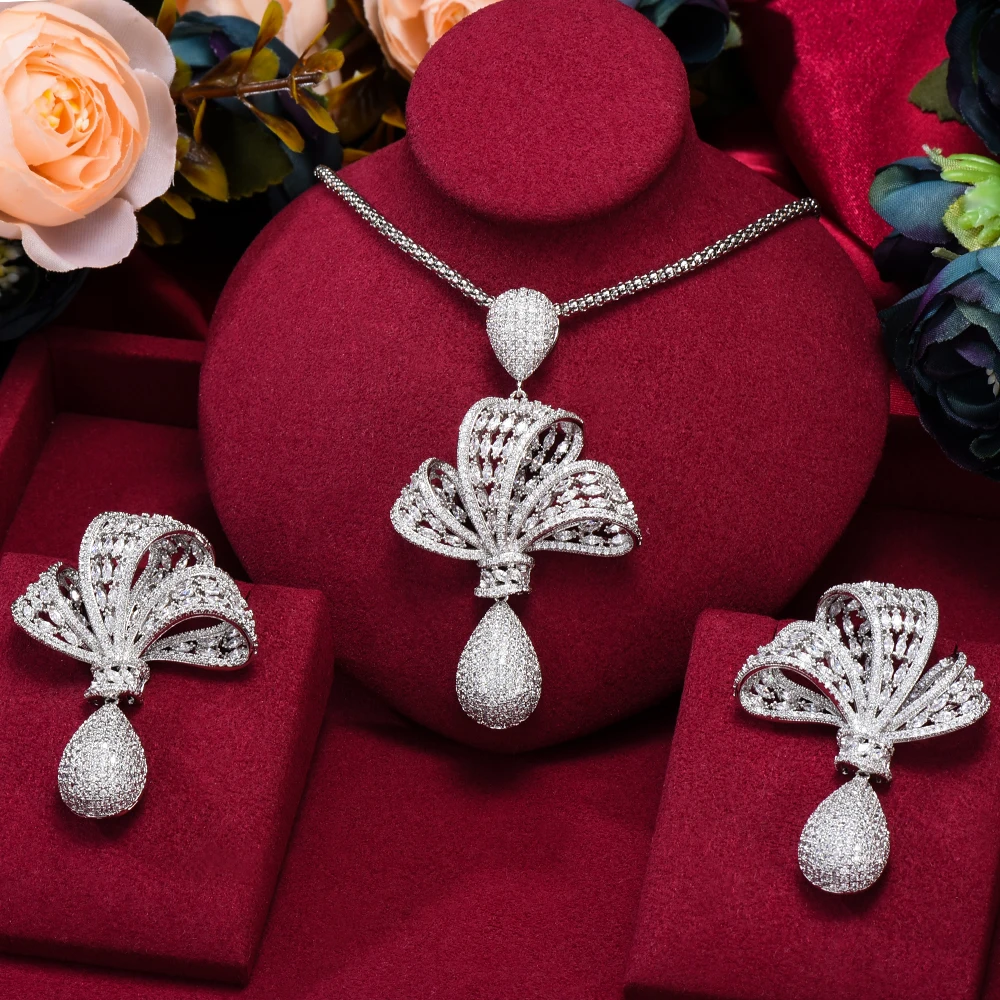 

missvikki Trendy Luxury Gorgeous Big Bow-knot Pendant Earrings Necklace PARTY Cubic Zircon Crystal CZ aretes de mujer modernos