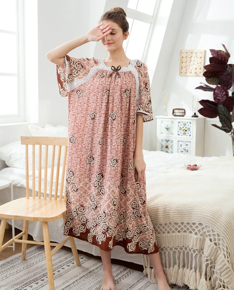 

Летняя Пижама, Женская хлопковая шелковая ночная рубашка с коротким рукавом летучая мышь, домашняя одежда для полных женщин