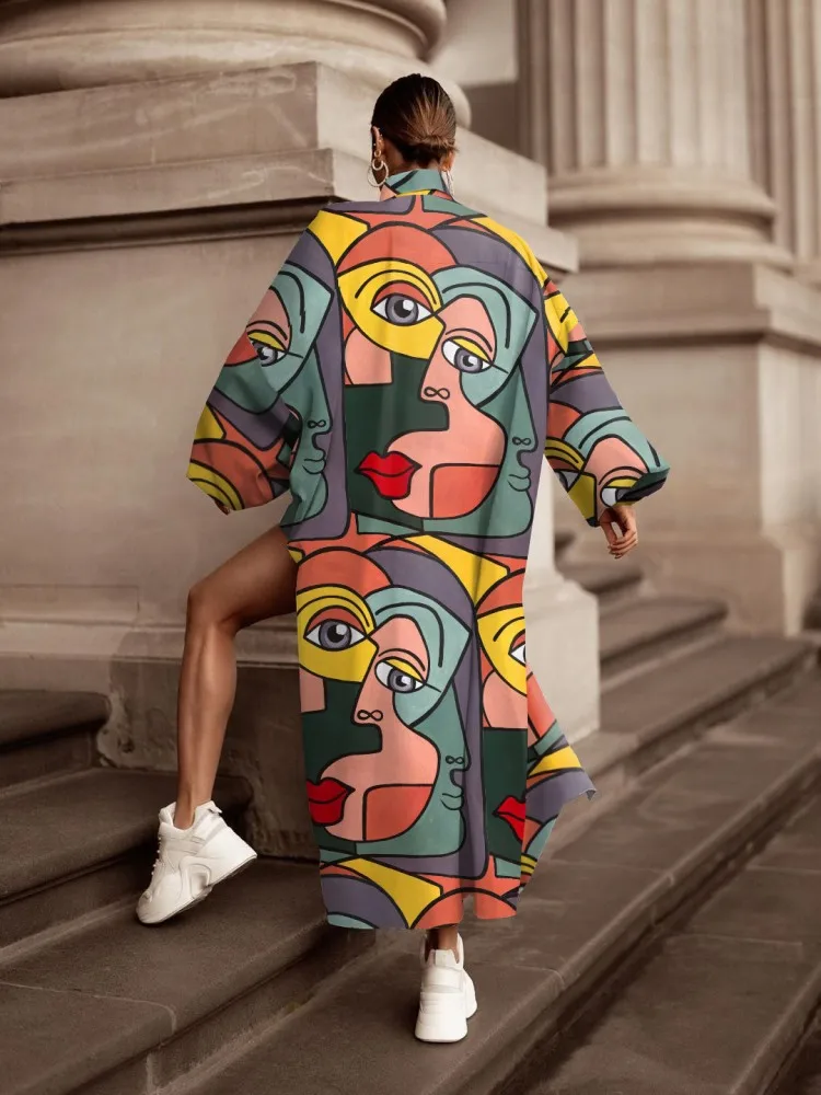 

New Color Digital Printing 2-Piece Ladies Long-Sleeved Long Blouse + Five-Point Pants With Fashionable Street Fashion Suit 2021