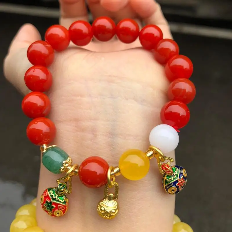 

Natural Red Jade Metal Charm Bracelet Women Gemstone Bangle Healing Jewelry Gift Southern Red Agate Round Beads Amulet Bracelets