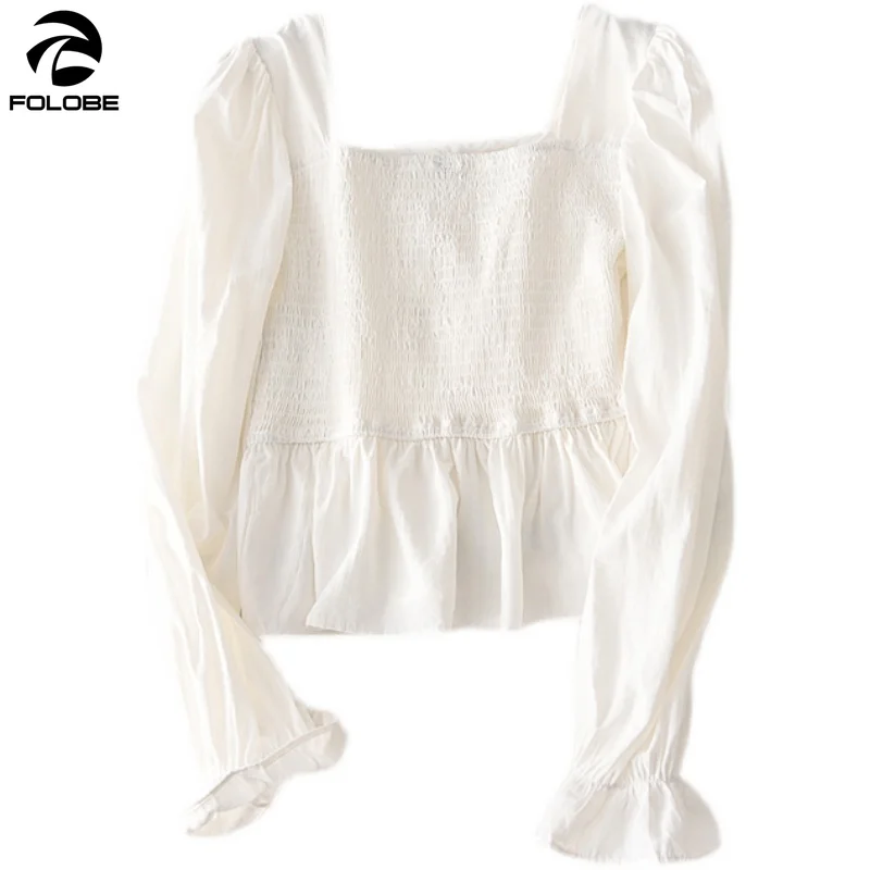 

FOLOBE French Vintage Palace White Blouse Shirt Women Pearls Puff Sleeve Square Collar Pleated Short Tops Female blusa mujer