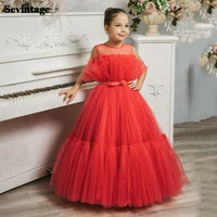 sevintage red ruffles tulle flower girl dresses for wedding party o neck tiered princess kids dress corset bady formal gowns