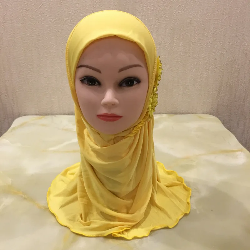 Muslim Girls Hijab Scarf with Flower Appliques Islamic Kids Plain Turban Head Wrap Shawls Elastic Kid Burqa for 2-7 Years Old |