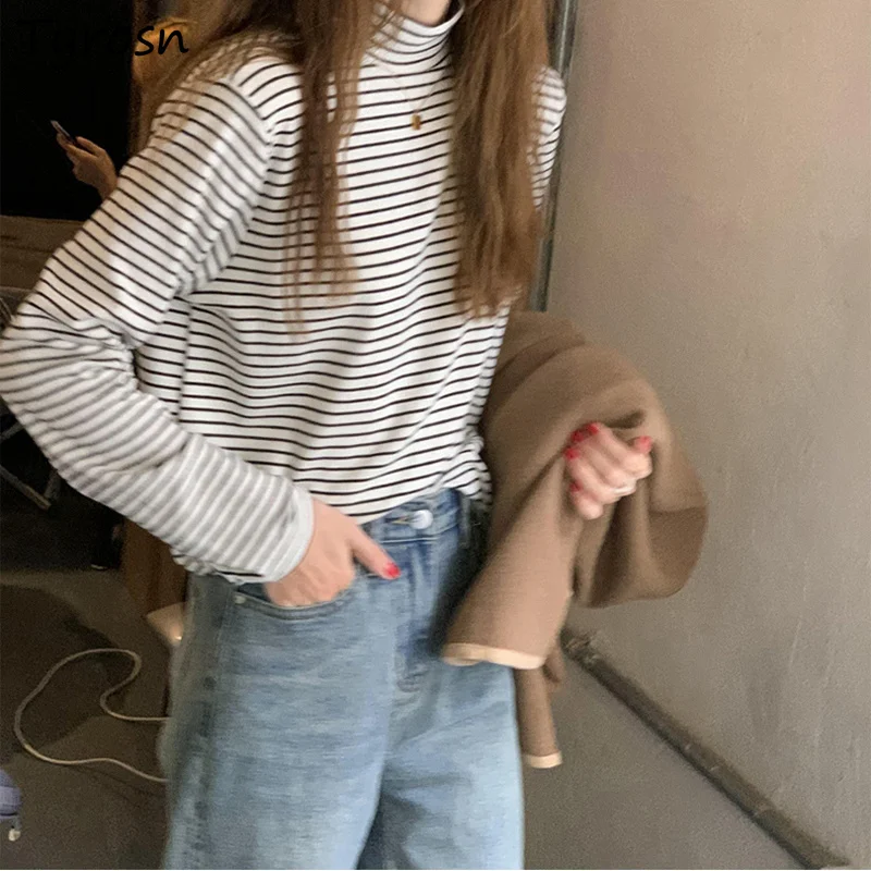 

Женские полосатые футболки с длинным рукавом и ложным воротником, элегантная уличная одежда в стиле ольччан, универсальные базовые хлопков...