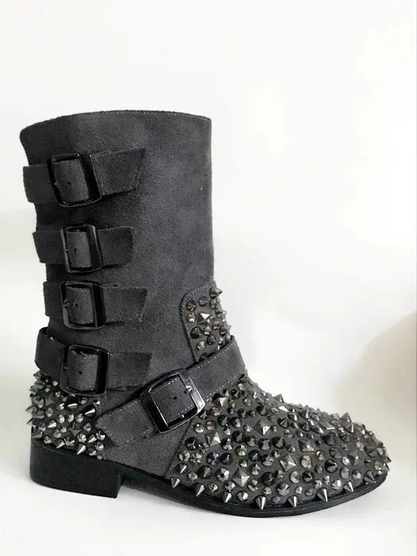 

Woman Metal Rivet Studded Round Toe Ankle Boots Buckle Belt Suede Leather Boots Women Low Heels Slip On Boots Mujer Shoes Woman
