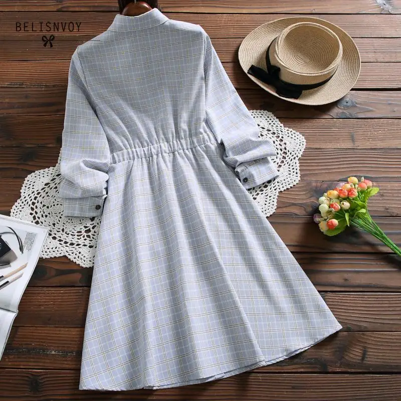 Японский платье Mori на девочку Демисезонный Для женщин с длинным рукавом и бантом, платье-рубашка в шотландскую клетку; материал разного цвета: черный, синий и абрикосовый Однобортный Винтаж Vestidos