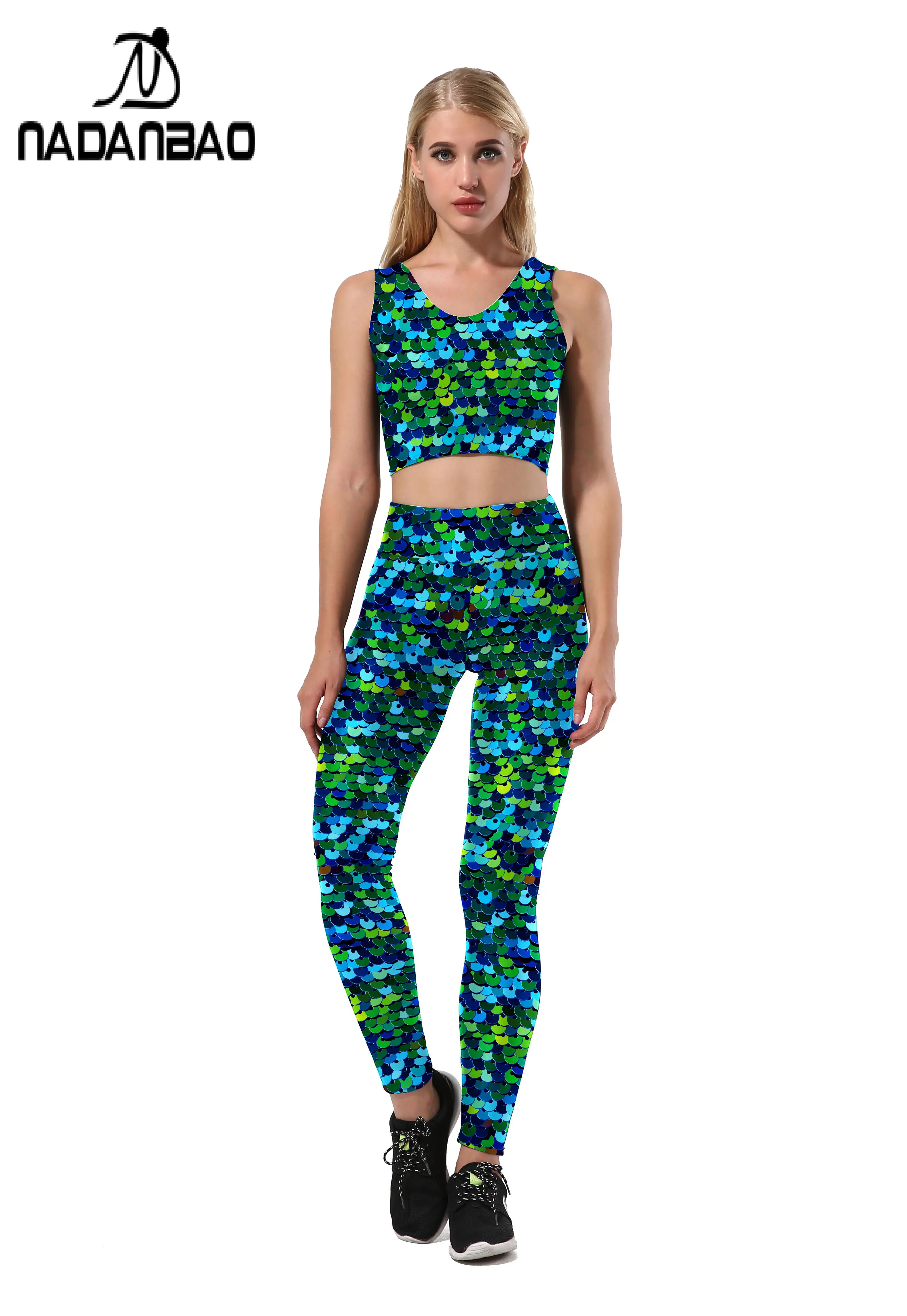 

NADANBAO Fashion Sequins Skinny Sporting Sets Women Fitness Workout Leggings Casual Sleeveless Short Tops Suits Female Clothing