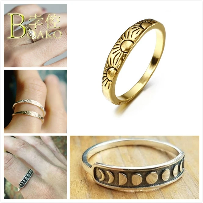 BOAKO Vintage Sun Rings For Women Engagement Ring Gold Relief Sun Moon Ring Eclipses Astrology Ring Men anillo femme Jewelry B5