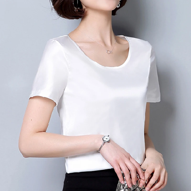 шифоновые шелковые женские топы Новые весенние блузки рубашка 2019 с коротким