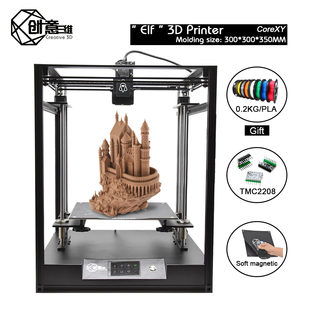 Creative3D BestNew CoreXY структура эльф 3D принтер, с высоким уровнем точный алюминиевый профильная рамка большой площади комплект автоматический регулятор уровня