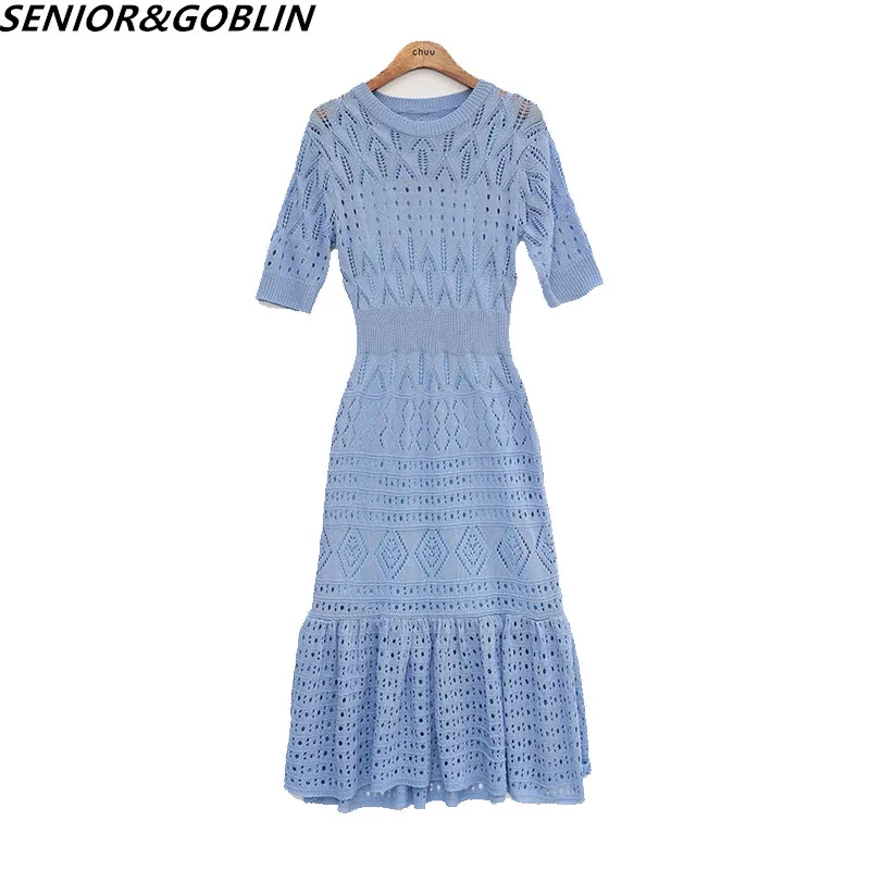 

Южнокорейский шик Нежный Круглый Воротник ажурный дизайн высокая Талия Тонкий ледяной шелк вязать обернуть бедра рыбий хвост платье